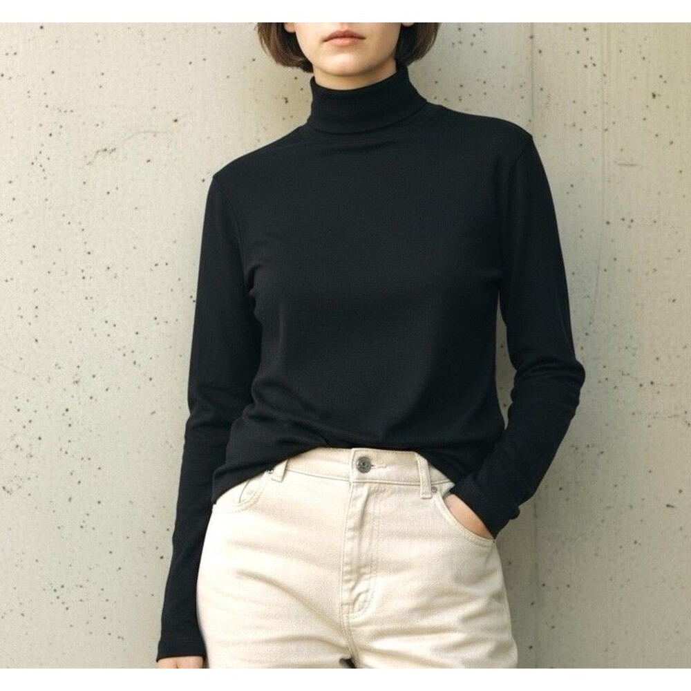 Spanx Mock Neck Top Black Long Sleeve Stretch Knit Top